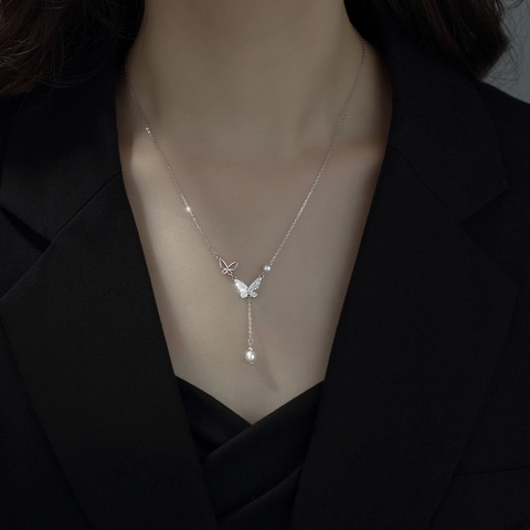 Butterfly Tassel Pendant Necklace Copper Zircon Faux Artificial Pearl Elegant Y-Shape Korean Style Jewelry For Women