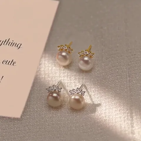 Boucles d'Oreilles Puces Künstliche Perle Couronne Élégantes Avec Strass Et Tige En Argent Style Français Vintage Pour Femmes