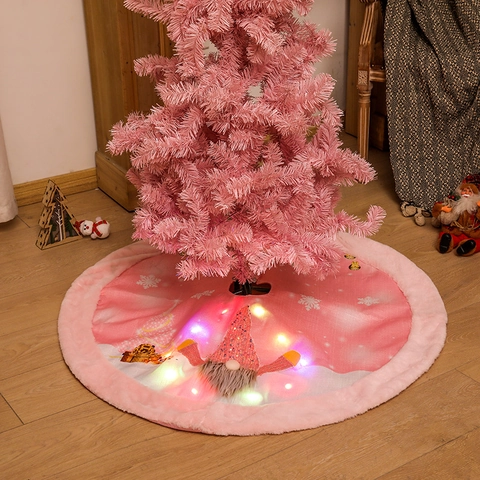 Falda de Árbol de Navidad LED Rosa Con Patrones de Gnomo Borde de Felpa Alfombra Redonda para Árbol para Decoración de Fiesta