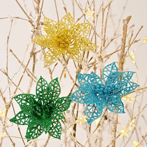 Glitzer Hohl Weihnachten Poinsettia Blumen Mehrfarbig Glänzend Künstliche Blumen Für Feiertagsbaum Kranz Girlande Dekoration