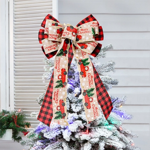 Weihnachtsbaumspitze Schleife Polyester Juteimitat Karomuster Roter LKW Druck Groß Mehrlagig Festliche Party Deko