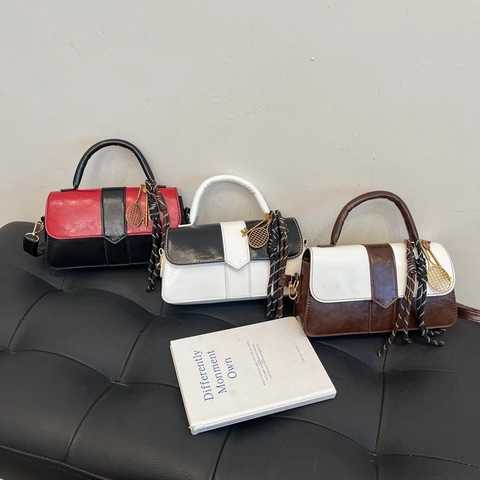 Colorblock PU Leather Crossbody Bag For Women Small Square Shoulder Handbag With Tennis Racket Pendant Stylish