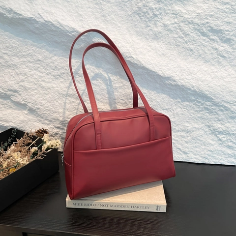 Women Large Capacity PU Leather Tote Bag Korean Vintage Underarm Shoulder Bag Minimalist Commuter Handbag Front Pocket