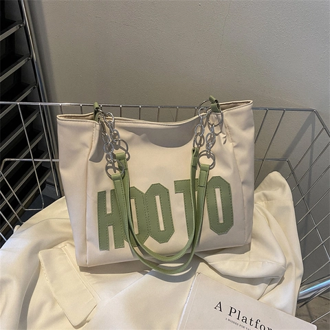 Large Capacity Tote Bag PU Leather Letter Print Metal Chain Shoulder Bag For Women Casual Commuting
