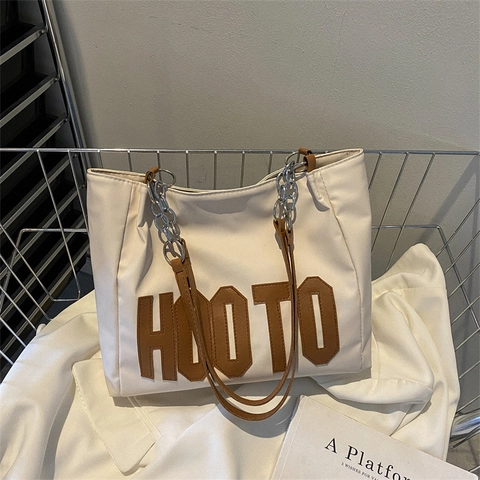 Large Capacity Tote Bag PU Leather Letter Print Metal Chain Shoulder Bag For Women Casual Commuting