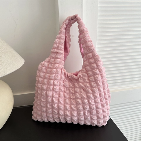 Borsa Tote da Donna in Tessuto a Bolle Grande Capacità Borsa a Spalla Casual Minimalista Pieghevole Morbida Borsa per la Spesa