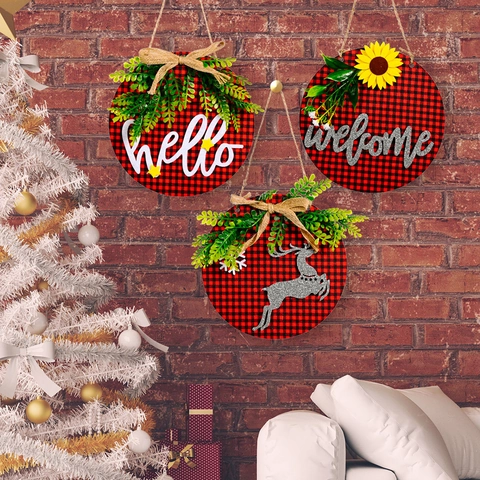 Insegna Appendere Legno Natale Rotonda Buffalo Plaid Welcome Hello Xmas Fiocco Juta Verdura Decorazione Porta