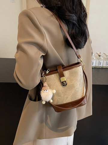 Damen Mode PU Leder Canvas Spleißen Beuteltasche Retro Schulter Umhängetasche Mit Plüsch Anhänger Lässige Handtasche