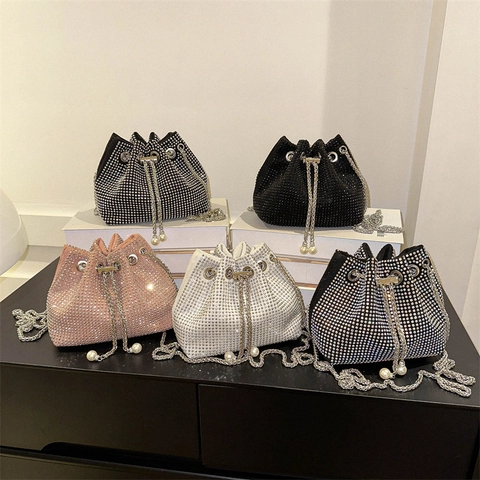 Strass Eimer Tasche Kristall Abendtasche Glänzende Kette Umhängetasche Mit Künstliche Perle Kordelzug Party Hochzeit Accessoires