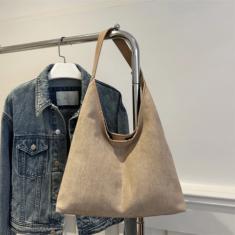 Retro Faux Suede Large Capacity Tote Bag Minimalist Vintage Underarm Shoulder Bag For Women Daily Casual Handbag