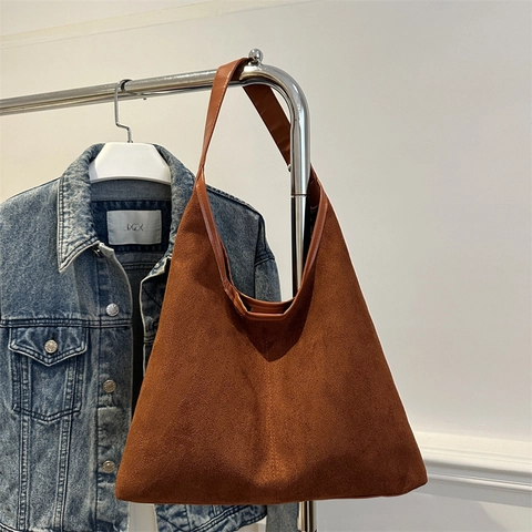Borsa Shopping Retro Grande Capacità per Donna Minimalista Finta Pelle Scamosciata Borsa Sottobraccio Vintage Tinta Unita