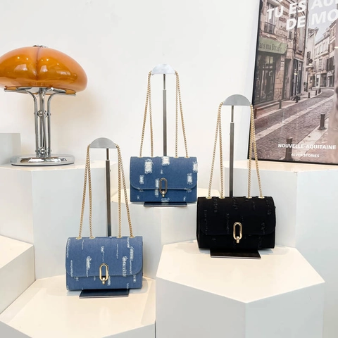 Distressed Canvas Chain Shoulder Bag For Women Vintage Style Small Square Crossbody Bag With Metal Buckle Casual Daily Bag