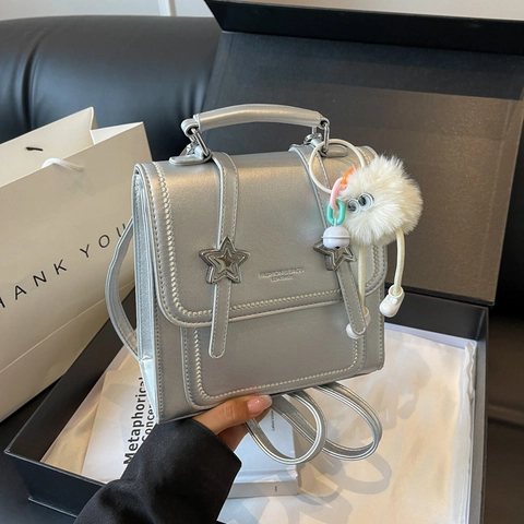 Fashion Mini Crossbody Bag PU Leather Multi-Functional Star Studded Square Handbag With Plush Monster Pendant Korean Style