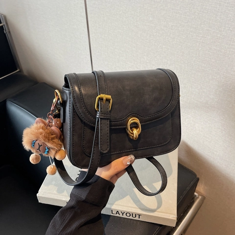 Vintage PU Leather Crossbody Bag For Women Small Square Shoulder Bag With Gold Lock And Plush Charm Daily Commuter Purse