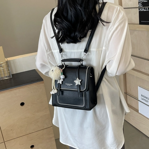 Fashion Mini Crossbody Bag PU Leather Multi-Functional Star Studded Square Handbag With Plush Monster Pendant Korean Style
