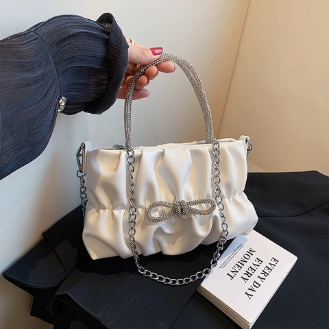 Bolso De Mano Nube Fruncido Mujer Cuero PU Plisado Lazo Diamantes Imitación Fiesta Cadena Bandolera Elegante