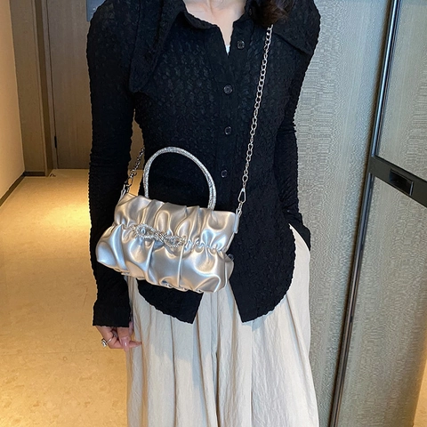 Bolso De Mano Nube Fruncido Mujer Cuero PU Plisado Lazo Diamantes Imitación Fiesta Cadena Bandolera Elegante