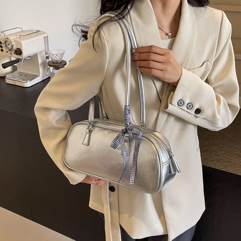 Koreanische Nische Ballett Stil Schleife Achseltasche Für Damen Metallic Crinkle PU Leder Große Kapazität Bowling Tasche