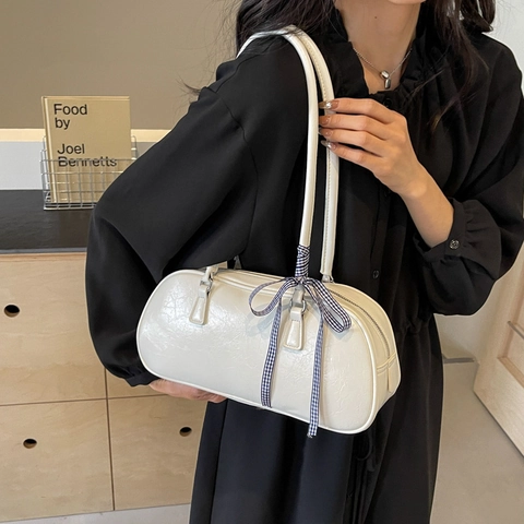 Fashion Women Underarm Bag Metallic PU Leather Bowling Bag With Checkered Bow Large Capacity Retro Simple Handbag
