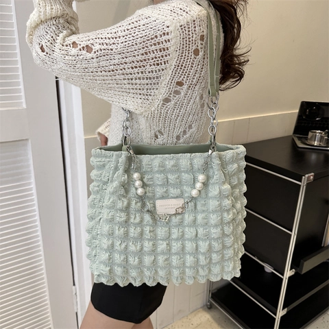 Bubble Texture Tote Bag For Women Large Capacity Popcorn Wrinkle Shoulder Bag With Artificial Pearl Chain And Metal Strap Commuting