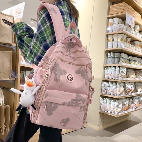Zaino In Nylon Stampa Orso Grande Capacità Cartella Per Studenti Adolescenti Con Ciondolo A Forma Di Anatra Moda Casual