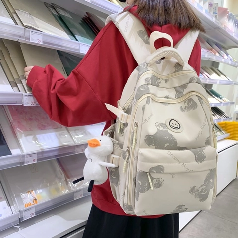 Zaino In Nylon Stampa Orso Grande Capacità Cartella Per Studenti Adolescenti Con Ciondolo A Forma Di Anatra Moda Casual