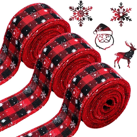 Weihnachtsband Büffelkaro Schneeflocke Bedruckt Leinenimitat Für Geschenkverpackung Baumschmuck Feiertagsdekoration