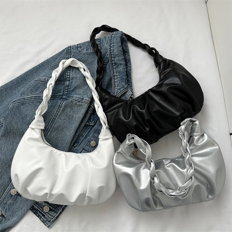 Damen Raffungen PU Leder Hobo Tasche Mit Geflochtenem Griff Metallic Silber Cloud Achsel Handtasche Für Tägliche Mode Reisen