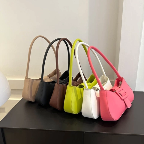 French Style PU Leather Baguette Underarm Bag For Women Minimalist Solid Color Shoulder Bag With Large Decorative Buckle