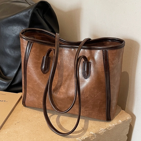 Borsa Tote in Pelle PU Vintage di Grande Capacità per Donna Primavera Estate Versatile Borsa a Tracolla Casual Pendolare Scuola
