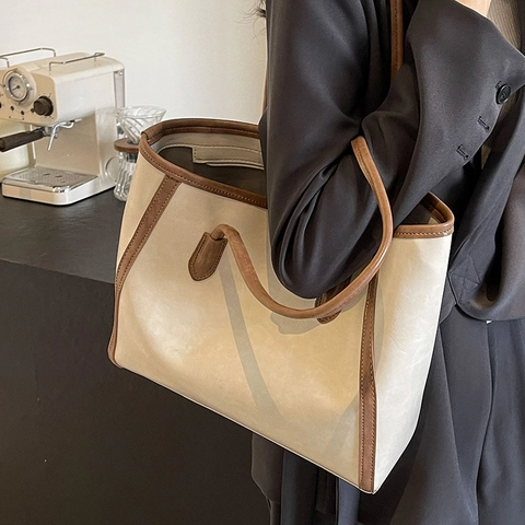 Borsa Tote in Pelle PU Vintage di Grande Capacità per Donna Primavera Estate Versatile Borsa a Tracolla Casual Pendolare Scuola