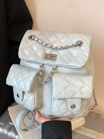 Zaino Trapuntato A Rombi Da Donna Pelle PU Tracolla A Catena Tasche Multiple Moda Versatile Borsa Per Scuola Viaggio