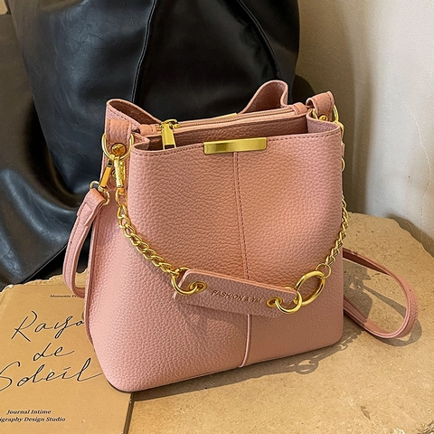 Damen Trendy PU Leder Lychee Muster Eimertasche Umhängetasche Mit Goldener Metallkette Dekoration Kleine Handtasche