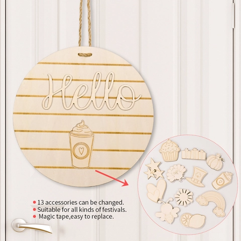 Colgador de Puerta Estacional Intercambiable DIY Letrero de Bienvenida de Madera Redondo para Puerta Delantera Hogar Porche Granja Pared