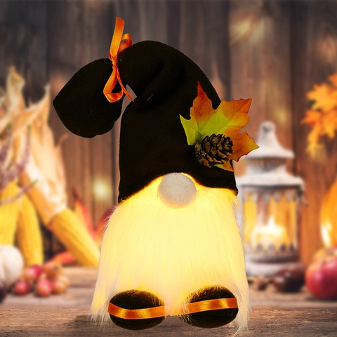 Herfst Oogstfeest Verlichte Kabouter Ornament Met Esdoornbladeren Dennenappels LED Herfst Beeldje Thanksgiving Home Decor Cadeau
