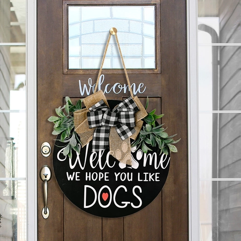Welcome We Hope You Like Dogs Targa in Legno per Porta Rustica Rotonda con Fiocco e Verde per Decorazione Ingresso Casa