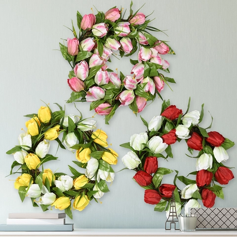 Handmade Artificial Tulip Wreath With Rattan Base Rural Style Silk Flower Door Wall Hanging Garland For Home Wedding Decor