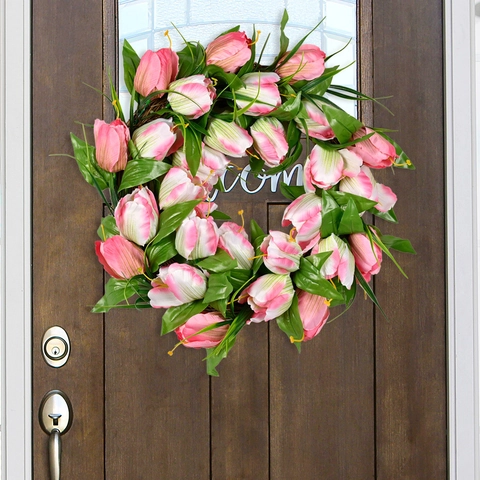 Handmade Artificial Tulip Wreath With Rattan Base Rural Style Silk Flower Door Wall Hanging Garland For Home Wedding Decor