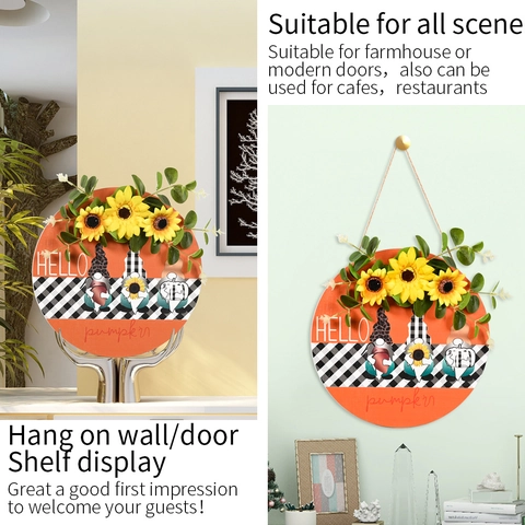 Ernte Sonnenblume Gnom Holz Türschild Hello Pumpkin Herbst Hängende Plakette Buffalo Karo Fall Haus Wanddeko