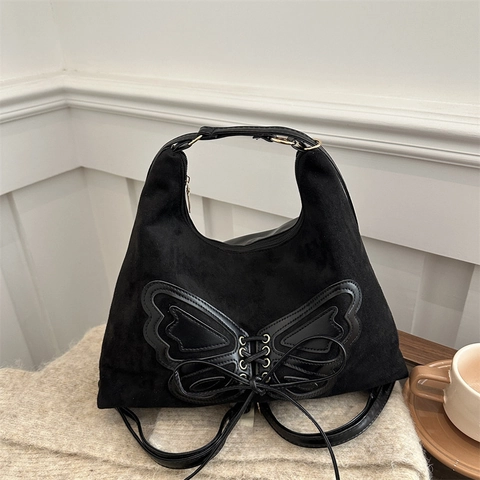 Vintage Kunstwildleder Tote Bag Damen Große Kapazität Schmetterling Bogen Schultertasche Retro Hobo Bag Für Den Alltag