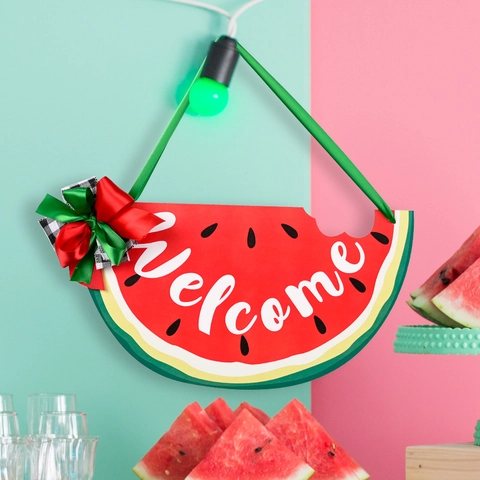 Wassermelone Willkommensschild Sommer Holz Türhänger Plakette Mit Schleife Dekor Für Veranda Wandbehang Ornament