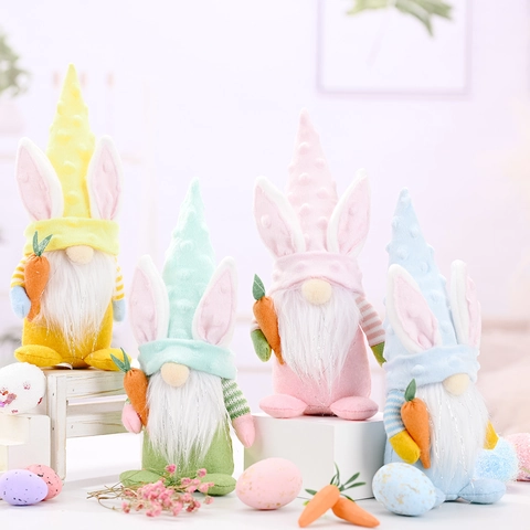 Gnomo de Pascua Sin Rostro Muñeco de Peluche Conejo Con Zanahoria Sombrero de Puntos Decoración de Mesa Para Fiesta de Pascua
