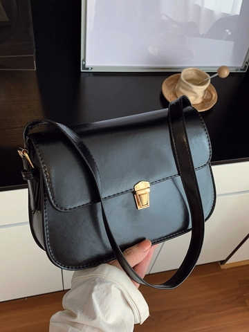 Vintage Solid Color PU Leather Baguette Bag For Women Minimalist Flap Shoulder Bag With Metal Buckle Chic Underarm Bag
