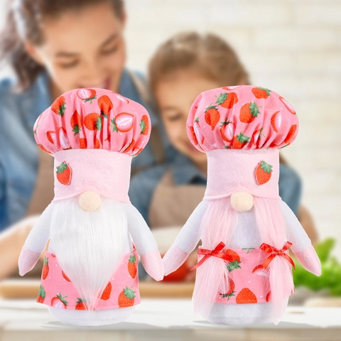 Gnomes Chef Fraise Peluche Décoration Fête Des Mères Rose Imprimé Fraise Chapeau De Chef Tablier Tomte Gnome Cuisine Maison Table Décor