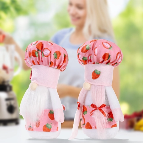 Gnomes Chef Fraise Peluche Décoration Fête Des Mères Rose Imprimé Fraise Chapeau De Chef Tablier Tomte Gnome Cuisine Maison Table Décor