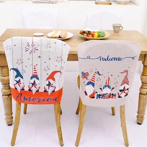 Housses de Chaise Gnomes du Jour de l'Indépendance Américaine Patriotique Étoiles et Rayures 4 Juillet Décoration Festive Salle à Manger Impression Welcome America