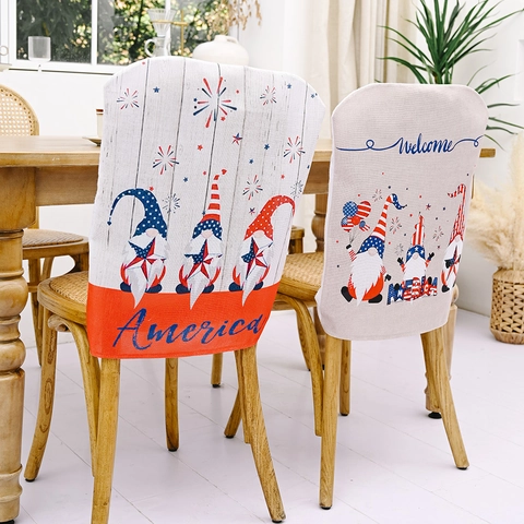 Housses de Chaise Gnomes du Jour de l'Indépendance Américaine Patriotique Étoiles et Rayures 4 Juillet Décoration Festive Salle à Manger Impression Welcome America