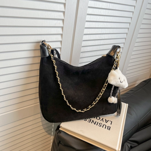 Women Suede Shoulder Hobo Bag With Chain Decor And Cloud Plush Pendant Retro Commute Large Capacity Zipper Closure