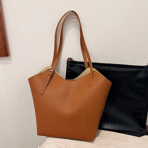 Women Large Capacity Tote Bag Minimalist PU Leather Litchi Texture V-Neck Shoulder Bag For Commuting Casual Work Handbag