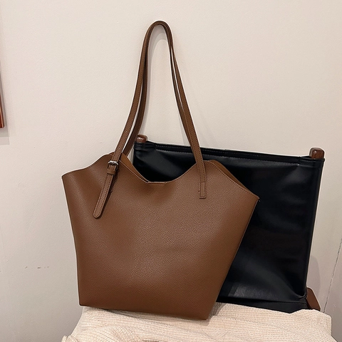 Women Large Capacity Tote Bag Minimalist PU Leather Litchi Texture V-Neck Shoulder Bag For Commuting Casual Work Handbag